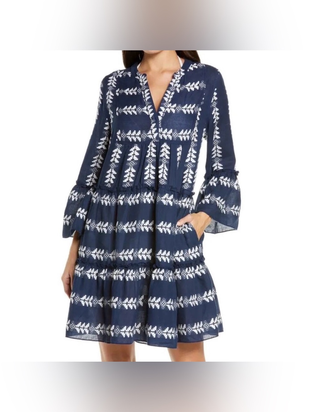 Elan Printed Tiered Dress with Bell sleeves Navy/White size Medium